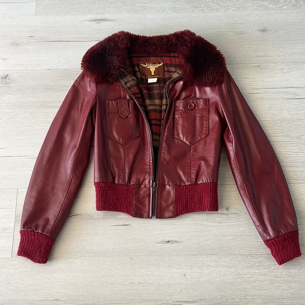 Hideaway Dark Red Leather Vintage Jacket w faux fur collar plaid lining